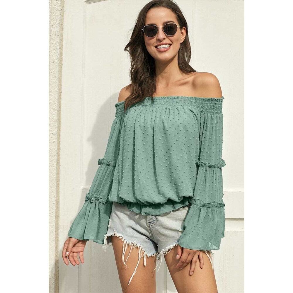 NEW Ninexis Sage Green Swiss Dot Off Shoulder Smocked Sleeve Summer Top Small - Picture 3 of 15